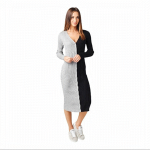 NWT 525 AMERICA WOMEN'S CONTRAST BUTTON UP RIBBED MAXI SWEATER DRESS BLACK/GREY